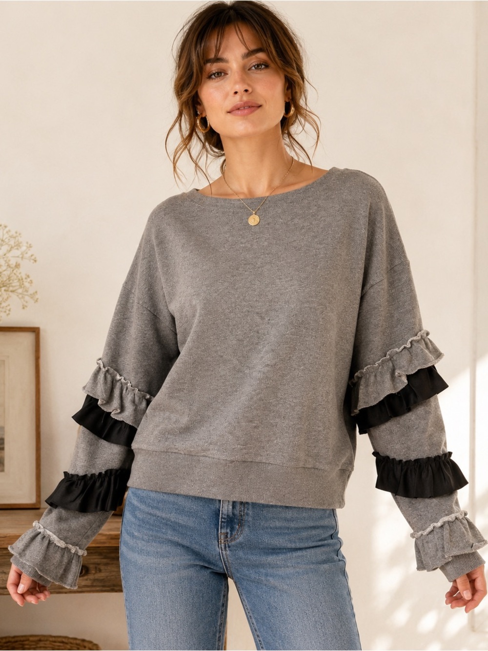 J.Crew Gray Ruffle Sleeve Sweatshirt Black Satin Trim Size S